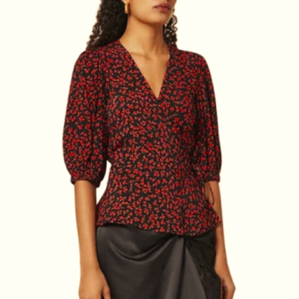 Ganni Red and Black Floral Blouse